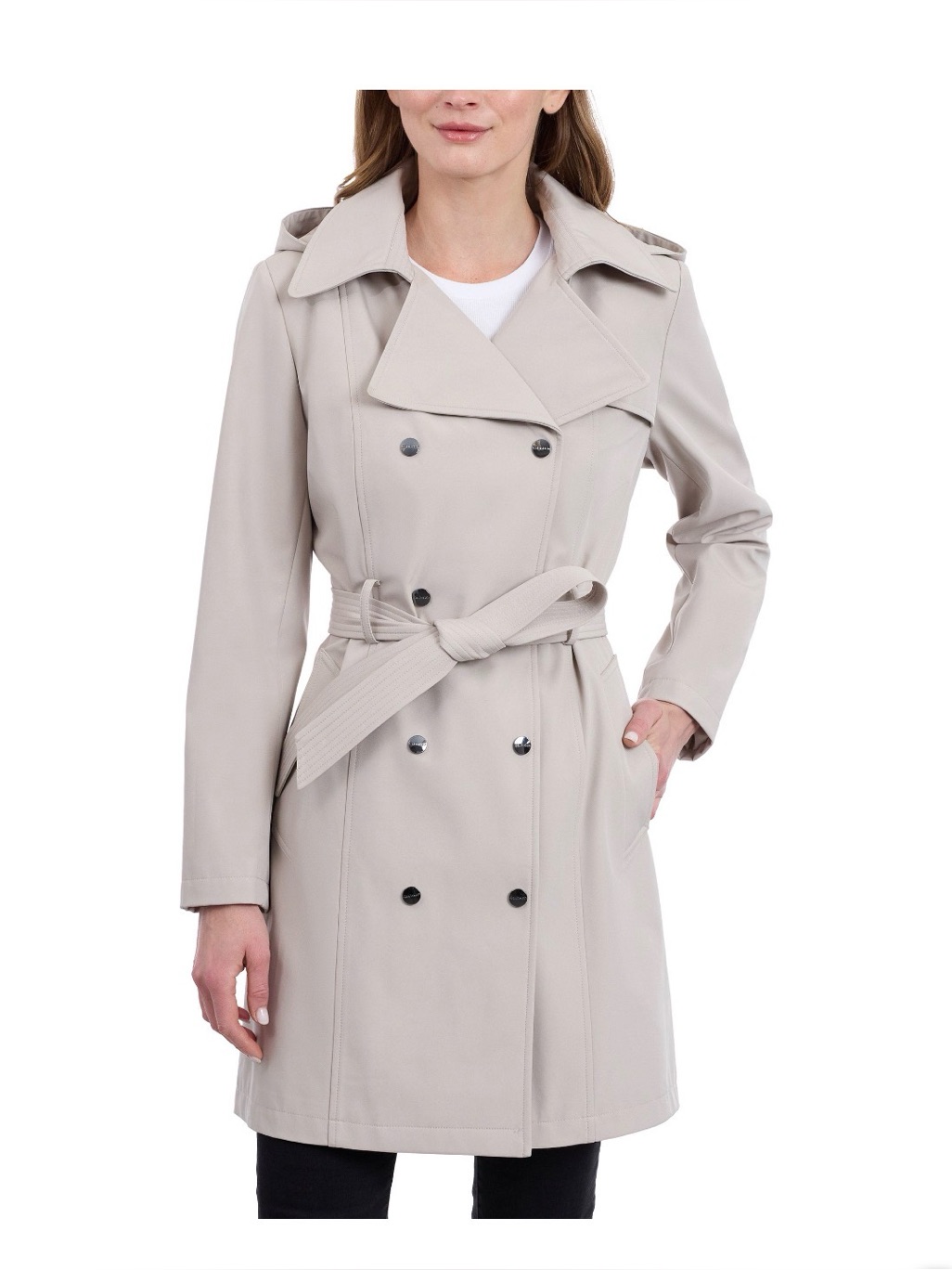(6)Calvin Kleindouble-Breasted Trench Coat With Hooded